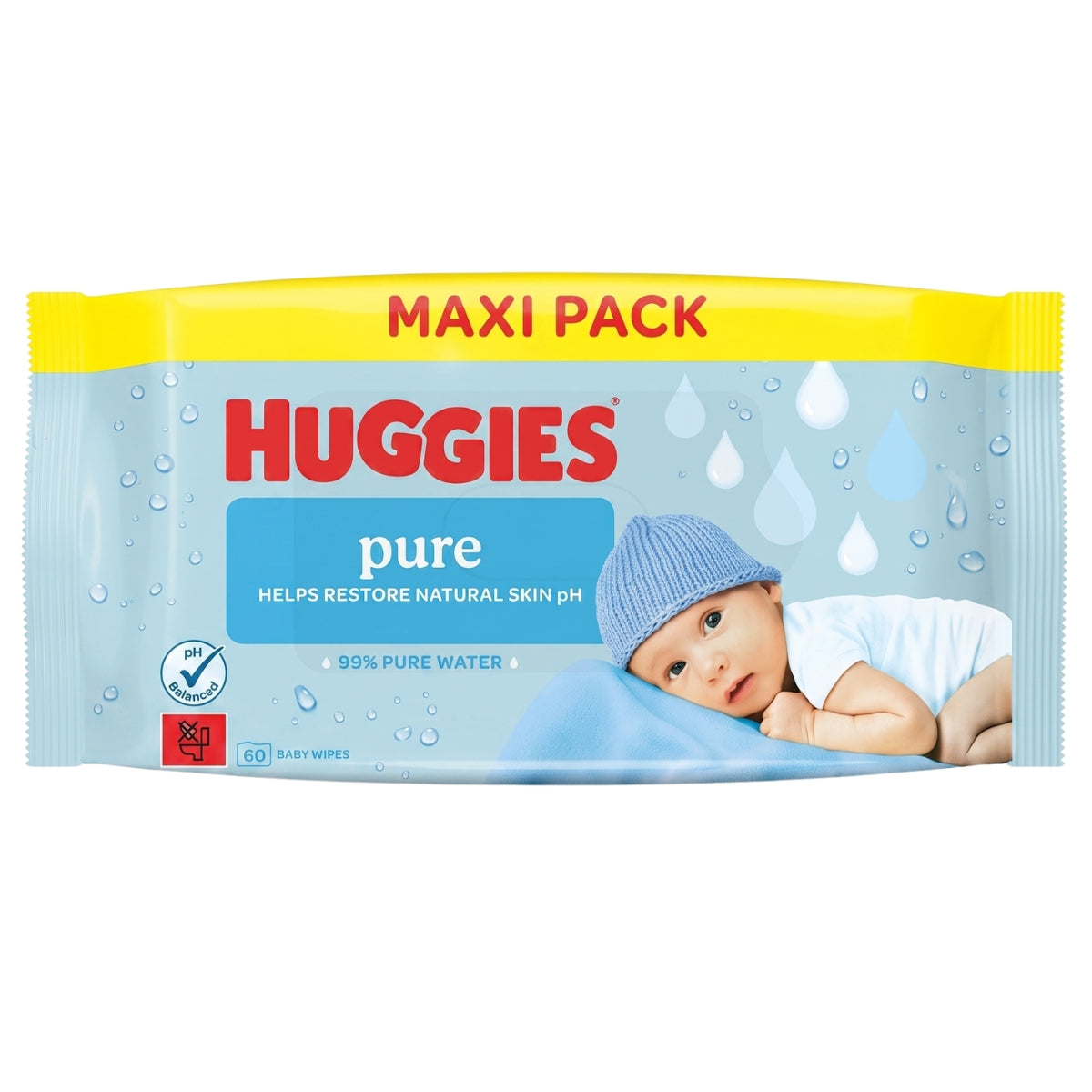 Huggies - Pure Baby Wipes - 60 Wipes by Huggies features packaging with an image of a baby in a blue hat, water droplets, and text stating that the wipes are made with 99% pure water and support skin pH. Formulated with gentle ingredients such as caprylyl glycol, these wipes help care for your baby’s delicate skin.