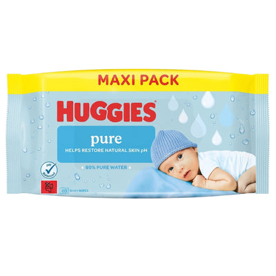 Huggies - Pure Baby Wipes - 60 Wipes by Huggies features packaging with an image of a baby in a blue hat, water droplets, and text stating that the wipes are made with 99% pure water and support skin pH. Formulated with gentle ingredients such as caprylyl glycol, these wipes help care for your baby’s delicate skin.