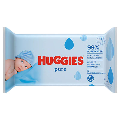Huggies - Pure Baby Wipes, 72-pack, with 99% pure water and natural fibers. Features a baby in a blue hat on the packaging.