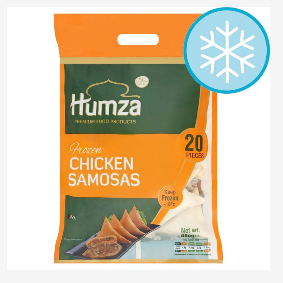 Orange and white package of Humza frozen chicken samosas in 650g, featuring a snowflake icon, offers 20 pieces of Indian snacks made from 100% halal chicken.