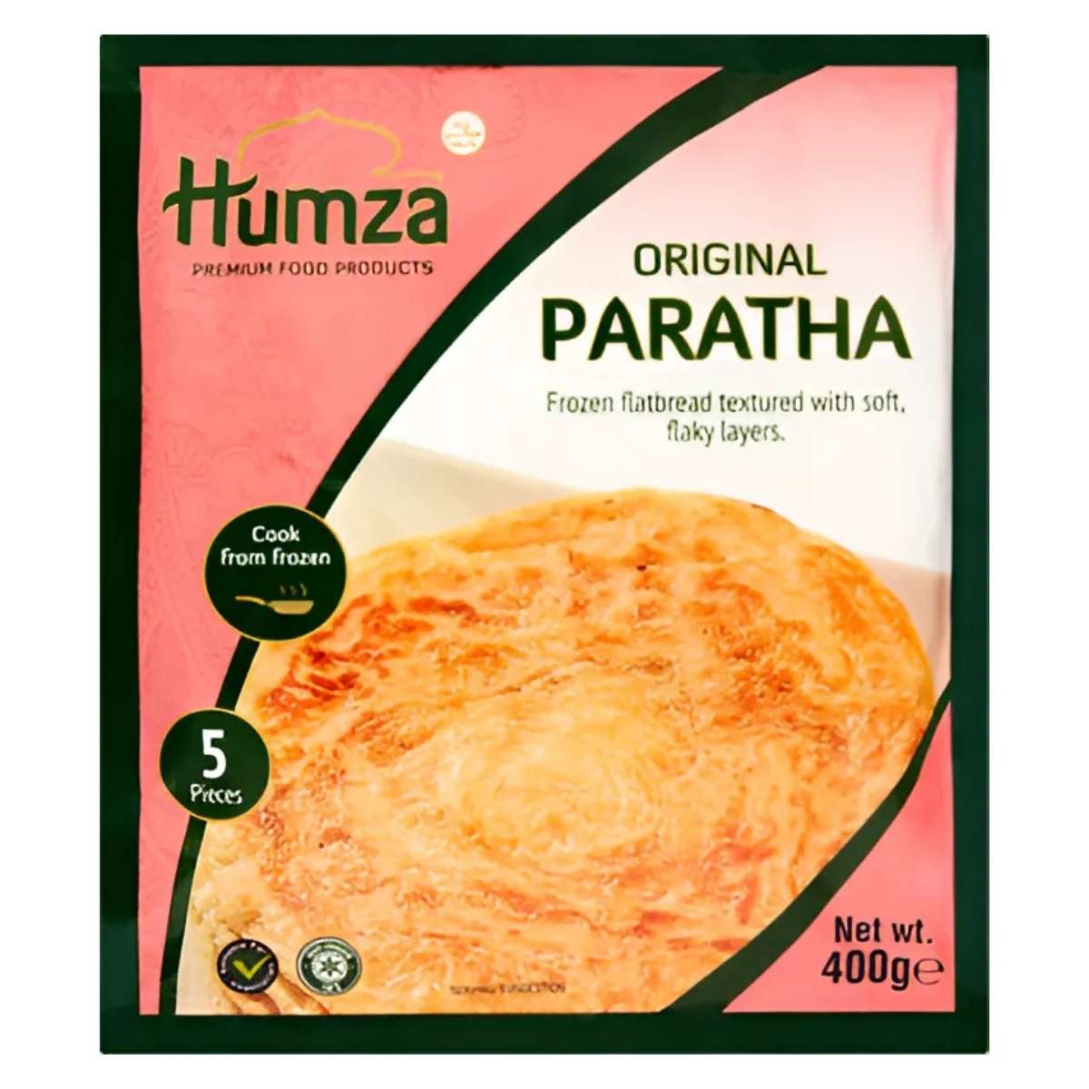 The packaging of Humza - Original Paratha - 400g features an image of the flaky flatbread. Each package includes 5 buttery flatbreads, with a net weight of 400g. Cooking instructions recommend preparing from frozen for the best taste and texture.