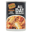 395g can labeled "Hunger Breaks - All Day Breakfast" featuring images of baked beans, sausages, mushrooms, pork and egg nuggets, and mini bacon burgers.