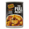 A 395g can of Hunger Breaks - The Full Monty is packed with baked beans, pork sausages, potatoes, mushrooms, bacon steaks, and a mini beef cutlet—ideal for quick meals.