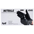 Box of 100 Hydi Professional - Black Medium Nitrile Gloves featuring gloved hands and specifications including latex-free, non-sterile, and finger-textured details.