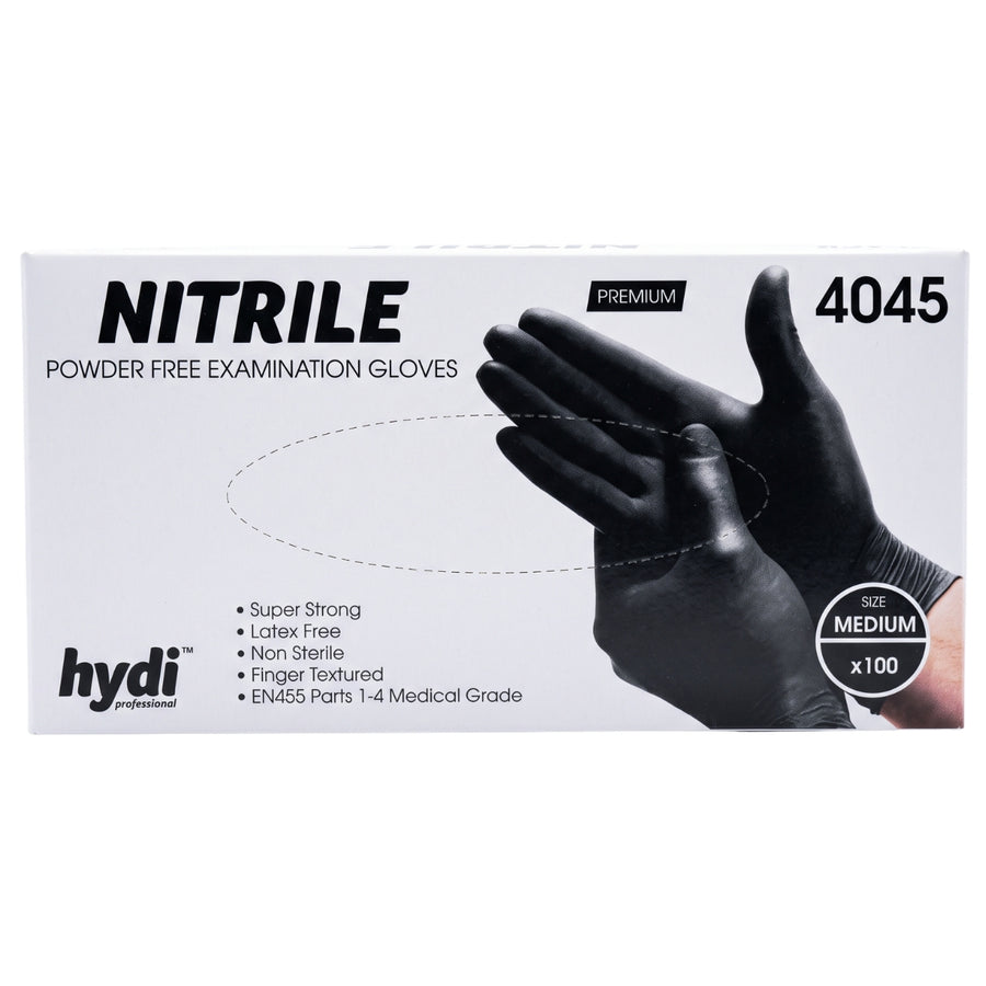 Box of 100 Hydi Professional - Black Medium Nitrile Gloves featuring gloved hands and specifications including latex-free, non-sterile, and finger-textured details.