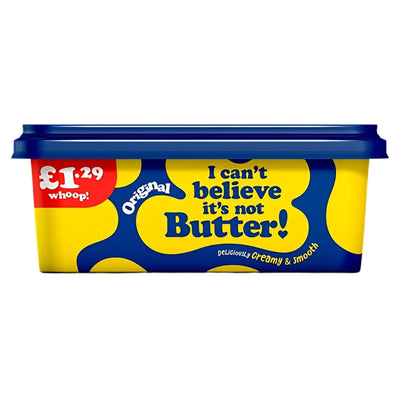 A 250g rectangular tub of I Can't Believe It's Not Butter! - Original, featuring a blue lid and yellow packaging, known for its creamy taste, priced at £1.29.