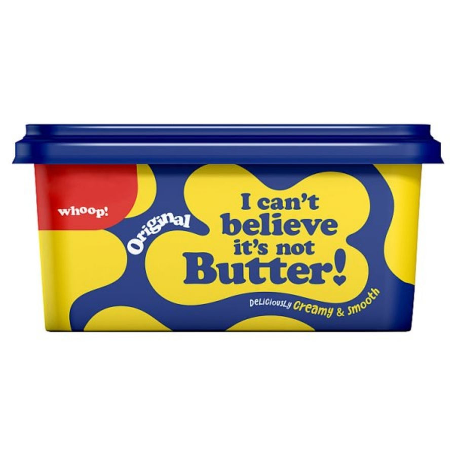 A yellow and blue 450g tub of "I Can't Believe It's Not Butter! Original" features "Deliciously Creamy & Smooth" on the label with a red "whoop!" in the corner.