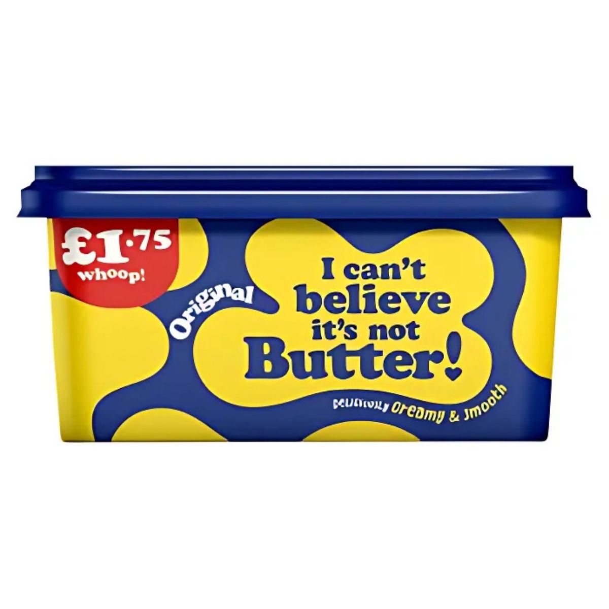 A yellow and blue tub of "I Can't Believe It's Not Butter! - Original - 500g," featuring a vegan-certified, plant-based recipe, is available for £1.75.