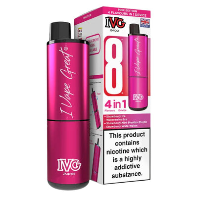 The IVG - 2400 Pink Edition 4 In 1 Pod Vape Kit (20mg/mL) is a rechargeable, stylish disposable vape featuring four flavors, eye-catching packaging, and a visible nicotine warning label for convenient vaping.