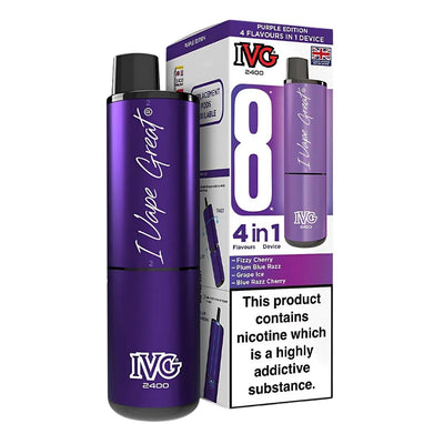 The IVG - 2400 Purple Edition 4 In 1 Pod Vape Kit - 20mg/mL includes packaging with "8 4 in 1 Flavours Device," offering exciting variety, convenience, and a nicotine addiction warning. Rechargeable for ease of use.