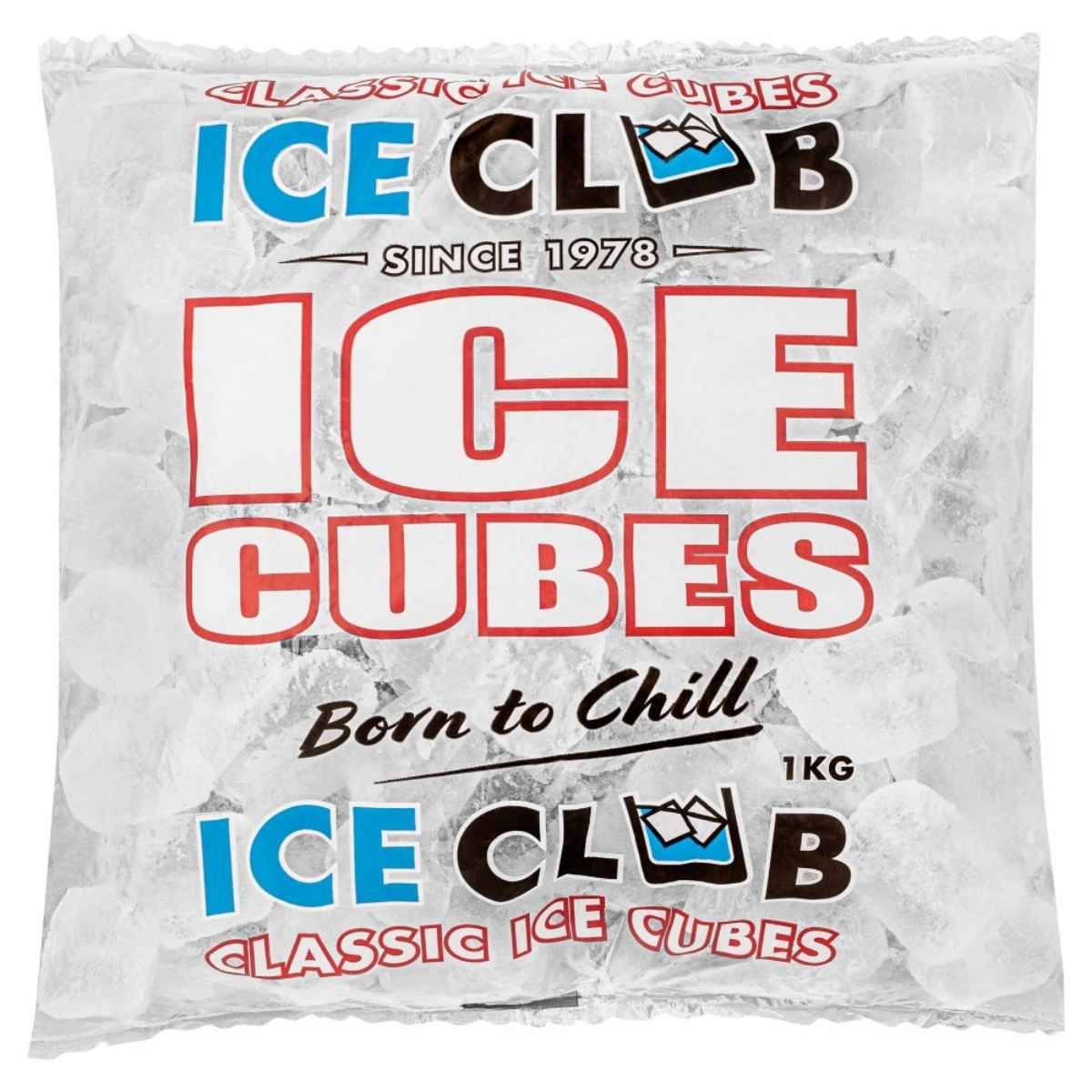 A 1kg bag of Ice Club - Classic Ice Cubes from ice club, featuring "Since 1978" and "Born to Chill" on the packaging.