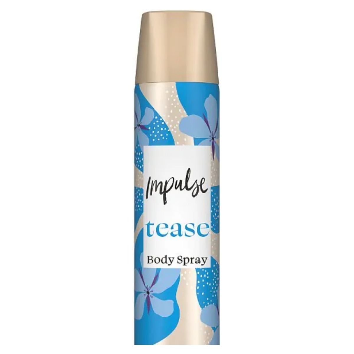 A 75ml can of Impulse Tease Body Fragrance Spray with an irresistible scent, featuring a blue floral design on beige. Perfect for everyday use.