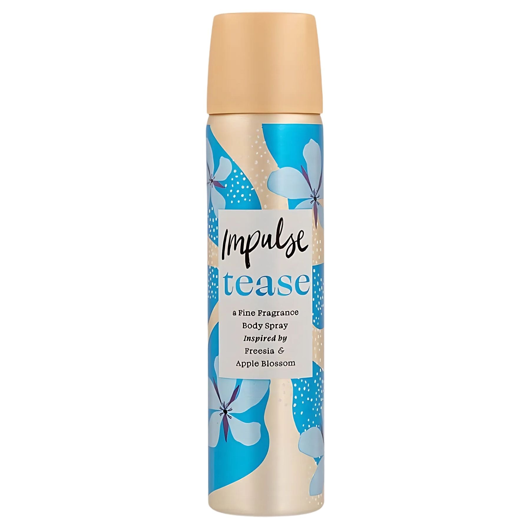 Impulse - Tease Body Fragrance Spray 75ml by Impulse features blue floral designs and describes its irresistible scent as inspired by Freesia & Apple Blossom.