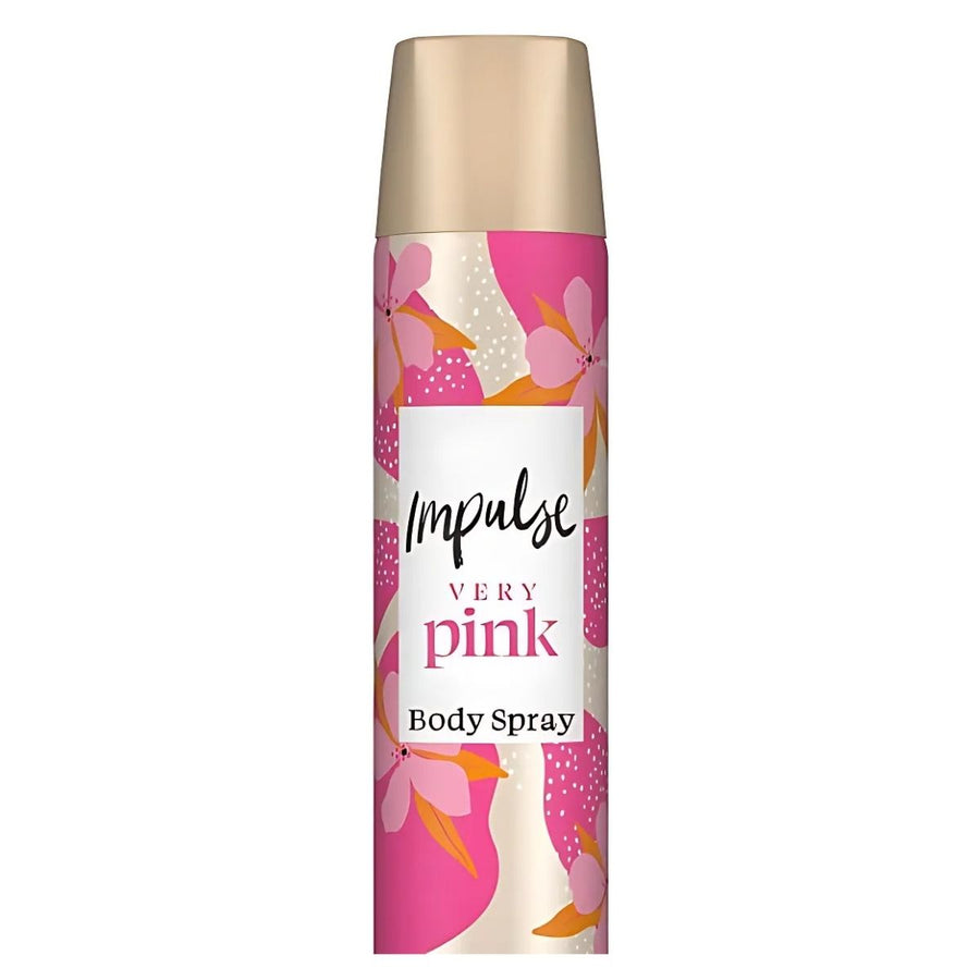 Impulse - Very Pink Fragrance Body Spray, in a 75ml can, features a floral design on a pink and beige background, embodying the essence of its Very Pink scent.