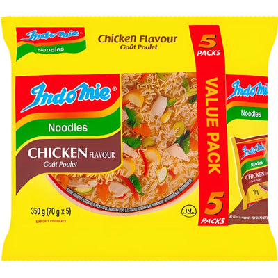 A yellow value pack of Indomie - Chicken Flavoured Instant Noodles (5 x 70g), featuring an image of cooked noodles on the front.