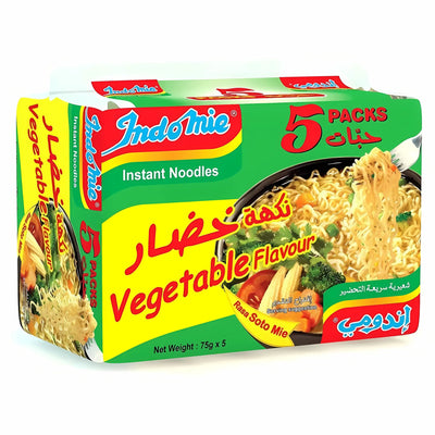Indomie - Vegetable Flavoured Instant Noodles 5 x 75g pack features English and Arabic packaging plus a tasty image of cooked vegetable noodles.
