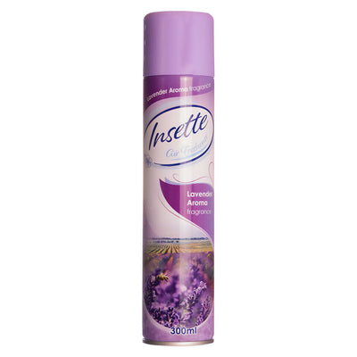 Insette - Air Freshener Lavender Aroma 300ml by Insette features a lavender aroma, long-lasting scent, and effective odour elimination in a can with a purple cap and lavender field image on the label.