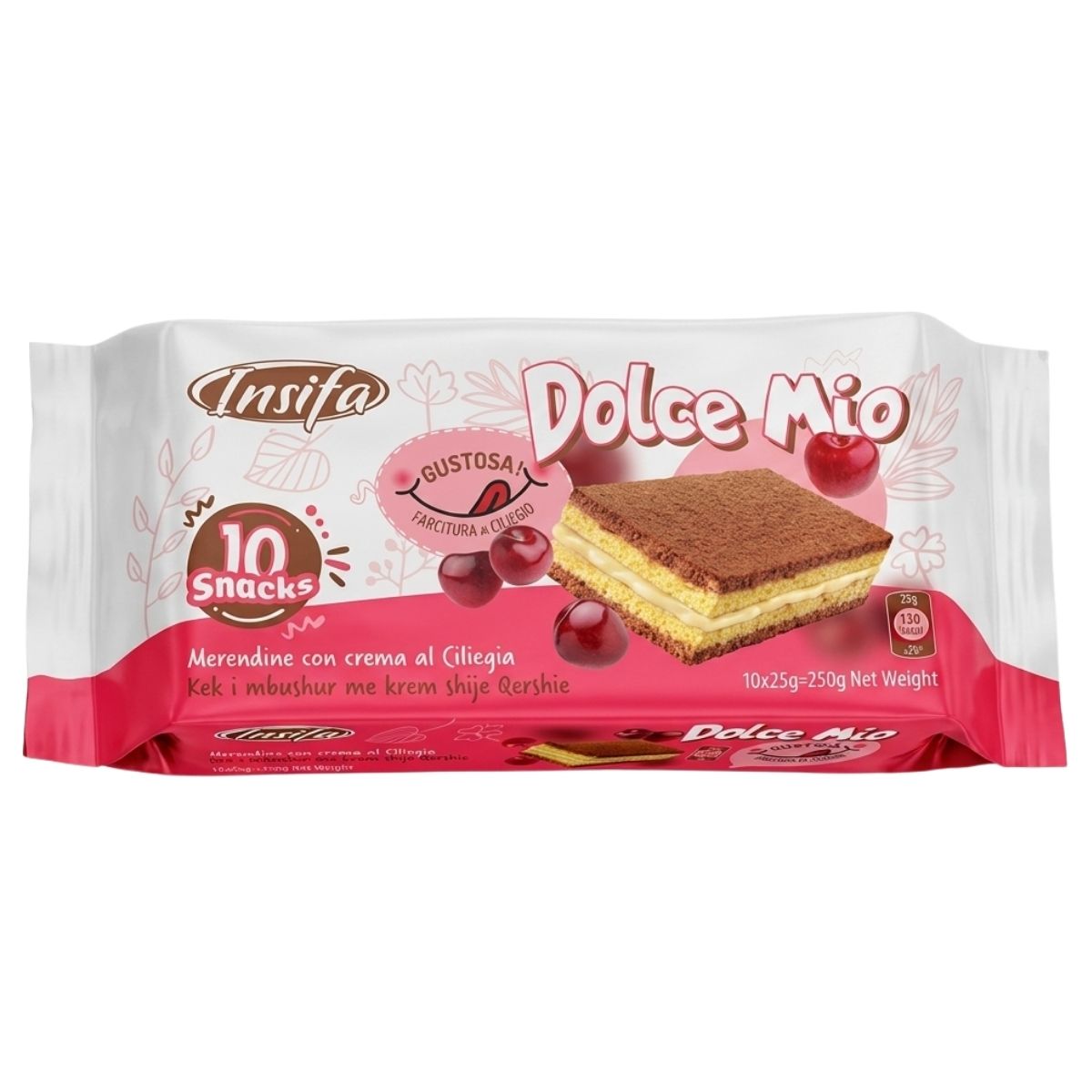 Package of insifa Dolce Mio Cherry Flavoured Cream Cake, featuring layered cake squares with cherries on the box, labelled “10 x 25g” and “insifa.”.