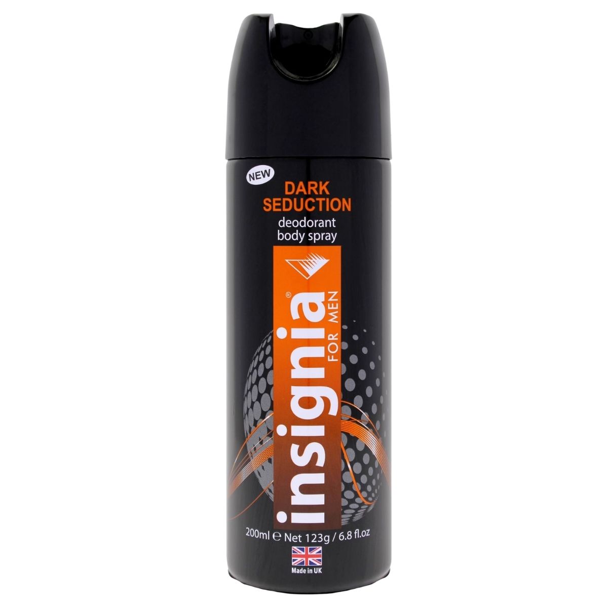 Insignia - Dark Seduction Deodorant Body Spray For Men (200ml) offers an alluring fragrance and deodorant protection, with a black and orange design, and is labeled as made in the UK.