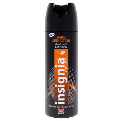 Insignia - Dark Seduction Deodorant Body Spray For Men (200ml) offers an alluring fragrance and deodorant protection, with a black and orange design, and is labeled as made in the UK.