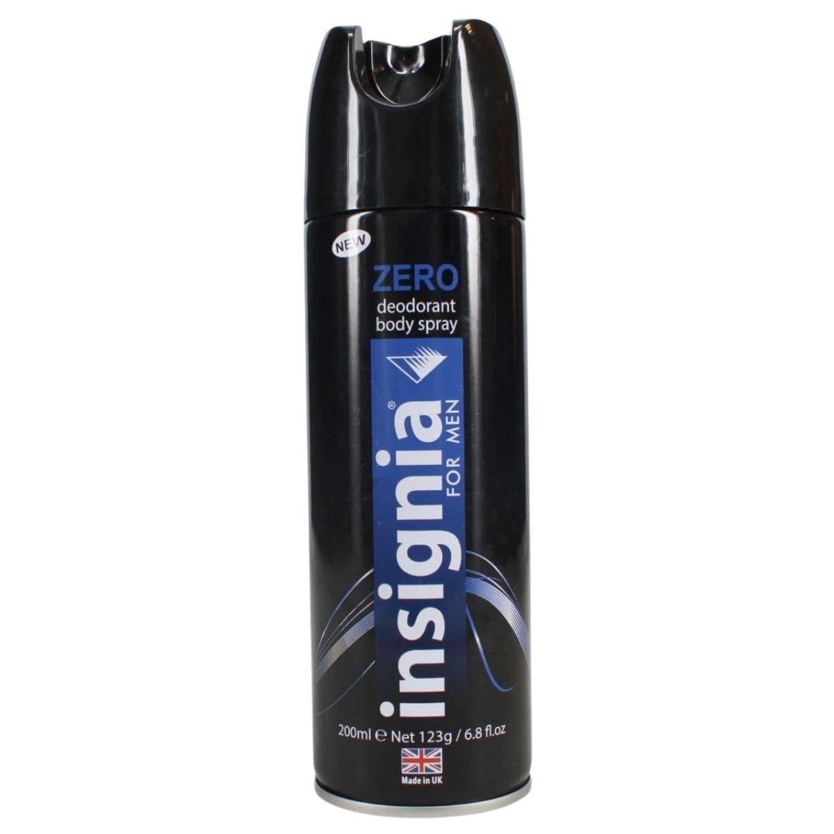 Insignia Zero Deodorant Body Spray for Men, 200ml, offers all-day freshness. This men's body spray features black with blue and white labeling and is made in the UK.