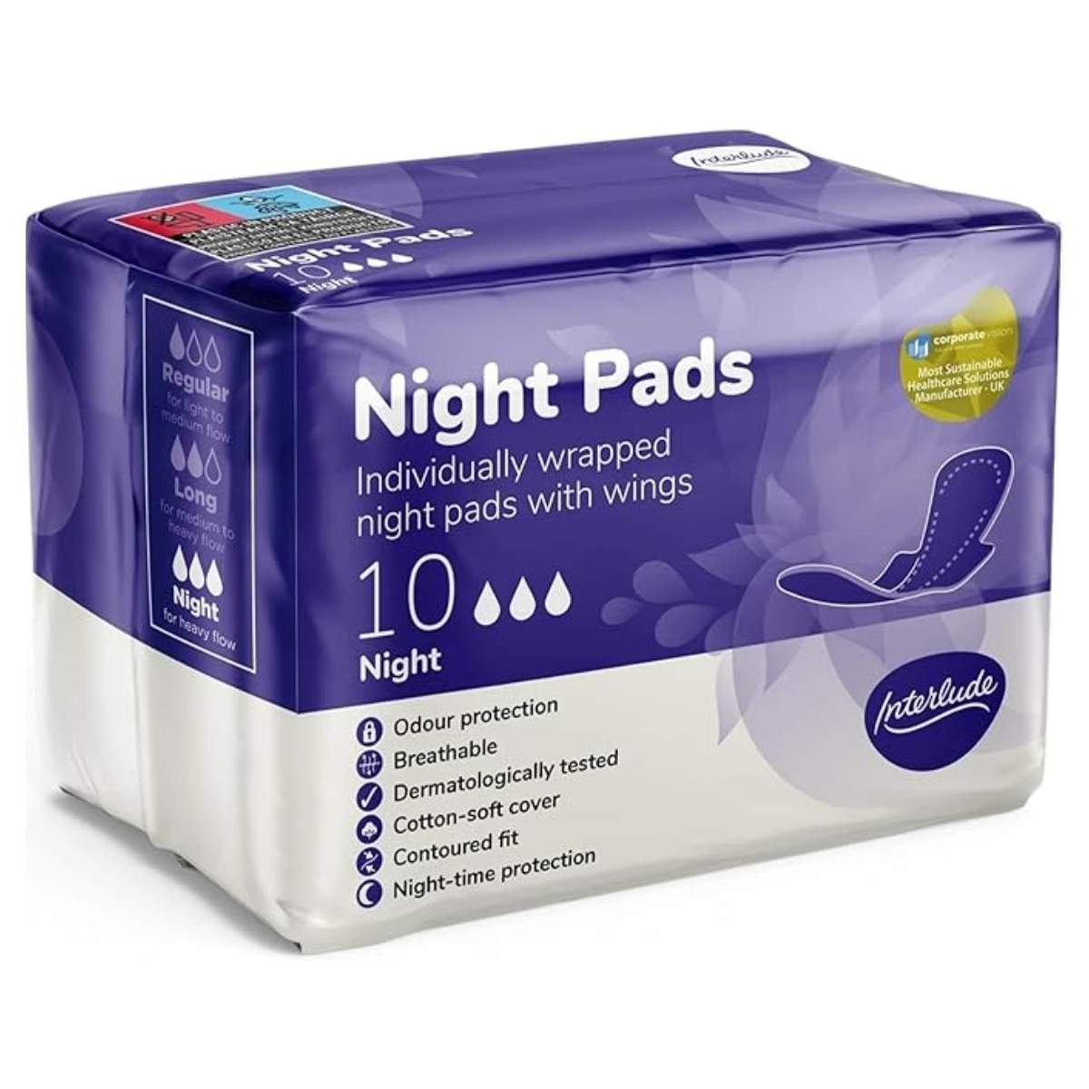 Interlude Night Pads with Wings 10 Pack offers odour protection, breathability, and a cotton-soft cover for heavy flow nights.