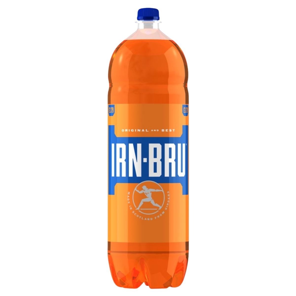 Orange bottle of Irn-Bru soft drink with blue label on a white background
