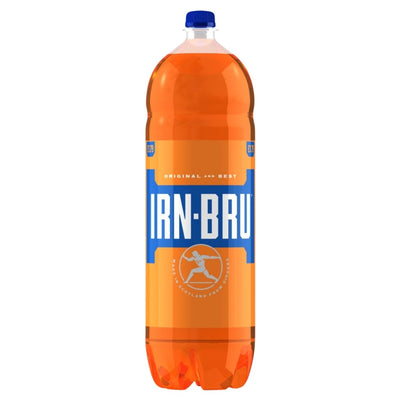 Orange bottle of Irn-Bru soft drink with blue label on a white background