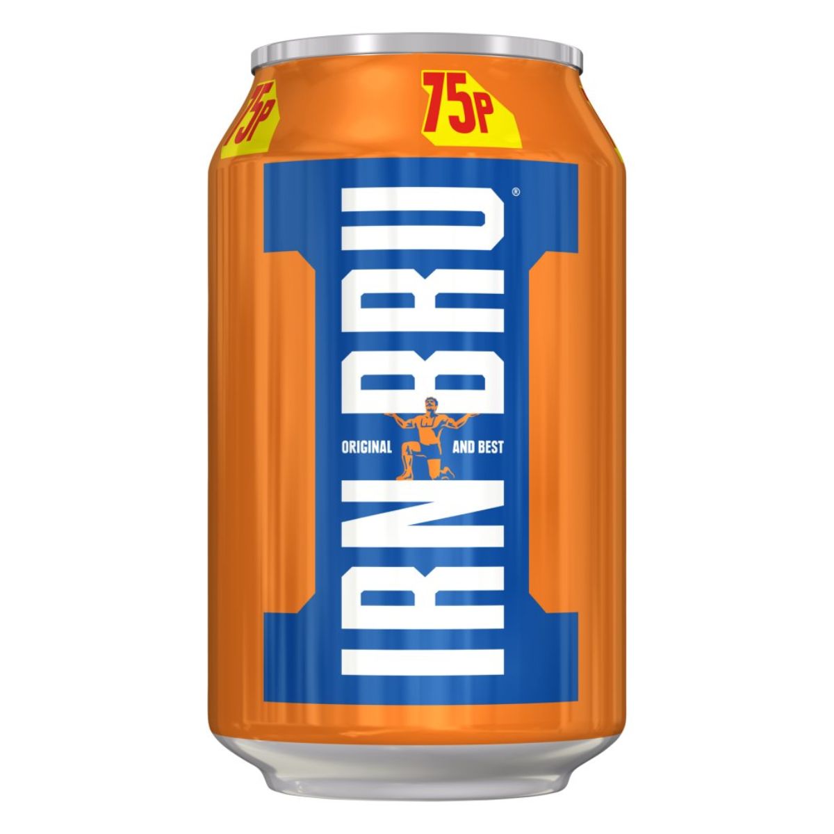 A 330ml can of Irn Bru - Original - 330ml with an eye-catching orange and blue design, priced at 75p, showcasing the slogan "Original and Best" – the quintessential Scottish drink.