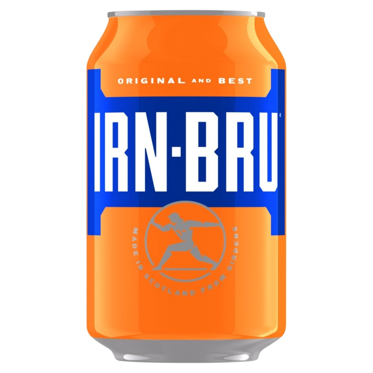 An orange and blue aluminum can of IRN-BRU beer on a plain white background.