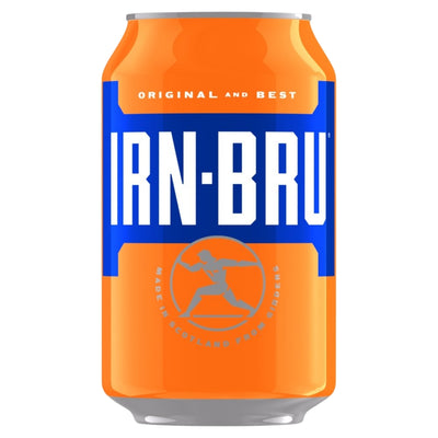 An orange and blue aluminum can of IRN-BRU beer on a plain white background.