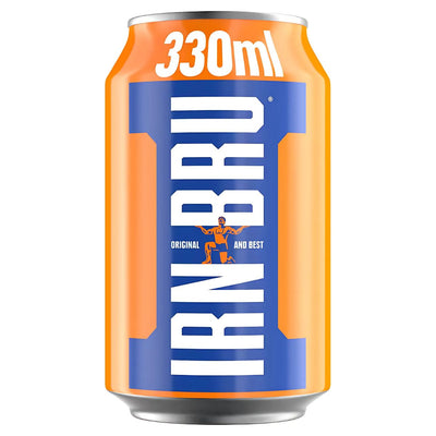 Irn Bru - Original - 330ml can, the iconic Scottish drink, features an orange and blue design with "Original and Best" text and a central figure.