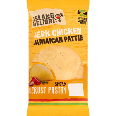 Island Delight - Chicken Jamaican Pattie Short Crust Pastry (140g) in yellow packaging features a Jamaican flag and "Authentic Jamaican Recipe," delivering spicy Caribbean flavours and true Jamaican taste.