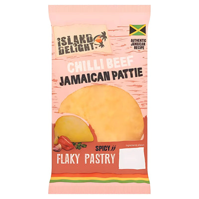 Island Delight - Chilli Beef Jamaican Pattie 140g: a spicy beef pastry with flaky crust, labeled as a true Jamaican beef patty and featuring an "authentic Jamaican recipe" badge.