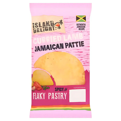 Island Delight - Curried Lamb Jamaican Pattie Flaky Pastry (140g) is a tasty Caribbean snack with spicy flaky pastry, featuring the Jamaican flag and a patty illustration on a vibrant pink background.