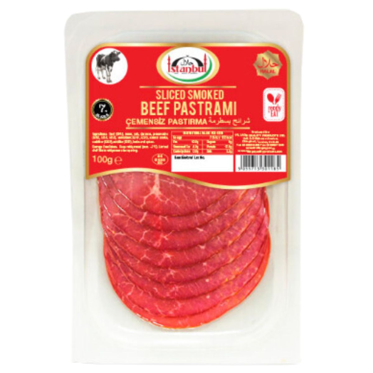 Package of Istanbul Beef Pastrami (Halal) - 100g, neatly sliced and placed in a clear plastic container with a red label.