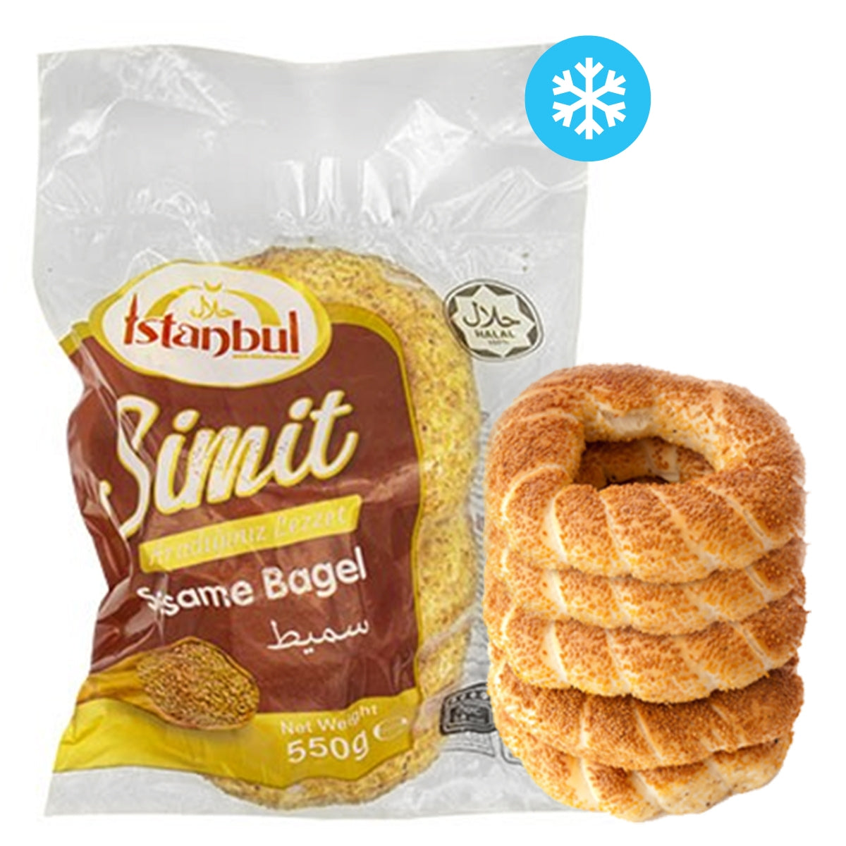 A packaged Istanbul - Simit (Sesame Bagel) 5 Pack - 550g, a tradition of sesame bagels, with a stack of simit bagels displayed in front.