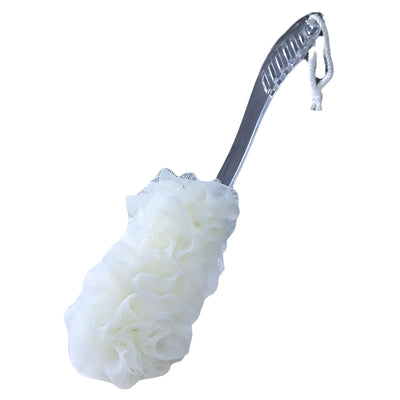 The JX - Crystal Bath Brushup by JX is a white shower loofah with a long, curved plastic handle and a hanging loop for easy storage.