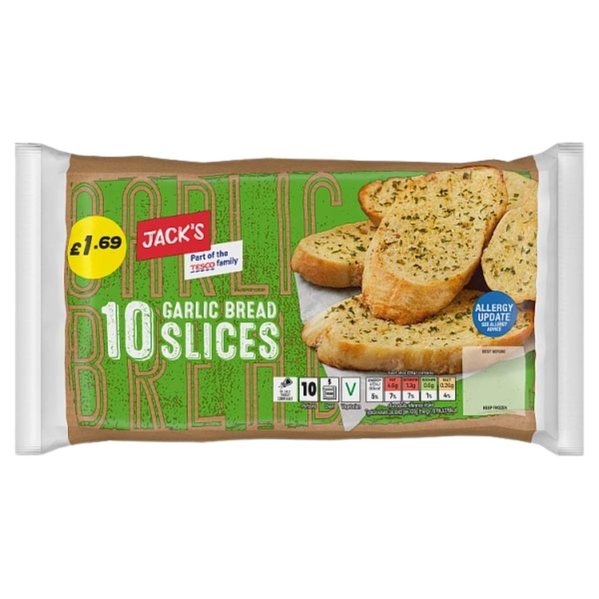 Packaging of Jack's Garlic Bread slices with a price tag and images of garlic bread.