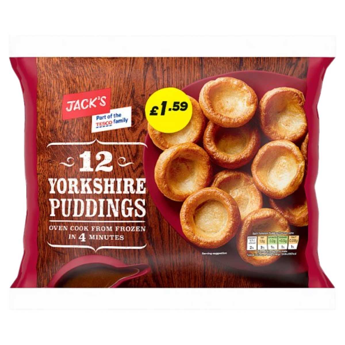 Pack of Jack's Yorkshire Puddings with a price tag on a wooden background