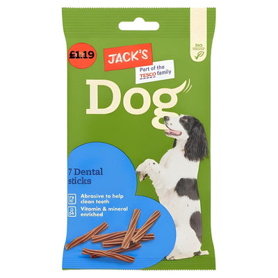 A green packet of Jack's 7 Dog Dental Sticks (180g) by Jack's, featuring a black and white dog image and details on teeth cleaning and oral health benefits for dogs.