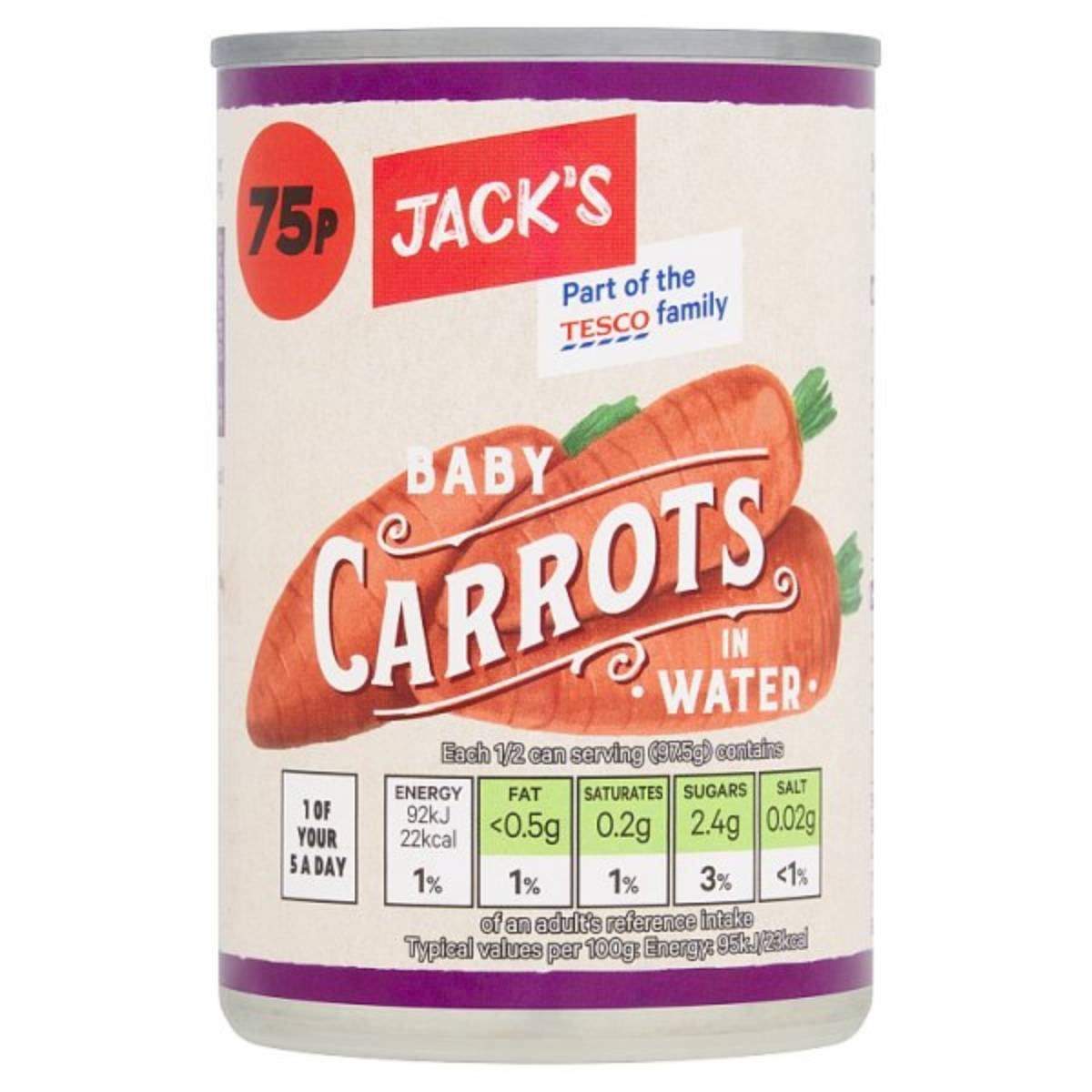 Jack's Baby Carrots in Water, available for 75p, come with cooking instructions and nutritional information on the label, and are a part of the Tesco family.