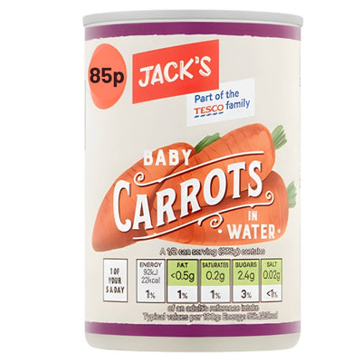 A 300g can of Jacks Baby Carrots in Water with an 85p price label, Tesco branding, nutritional details, and a carrot illustration on the label.