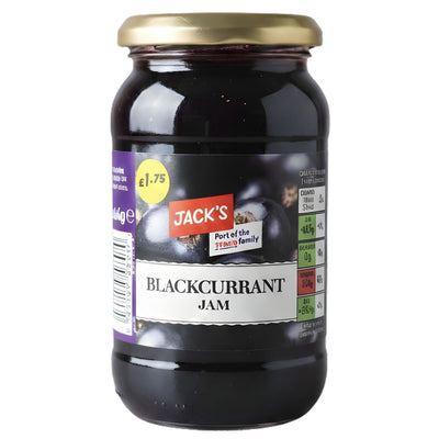 A 454g jar of Jack's Blackcurrant Jam by Jacks, featuring a gold lid, price label, and side nutritional information.
