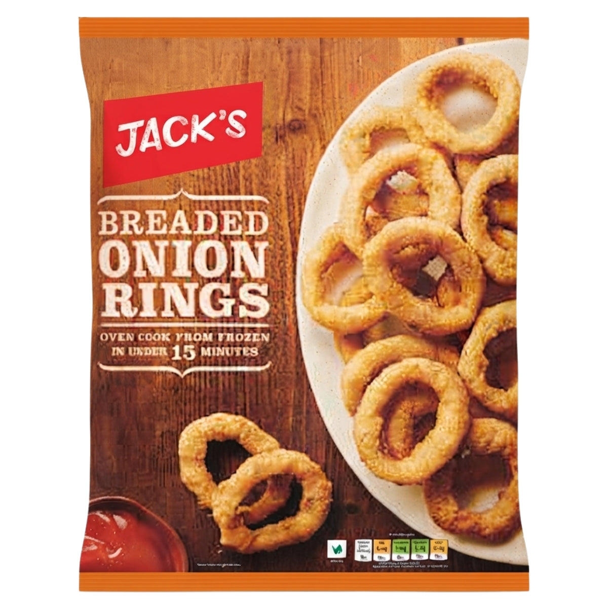 A 450g bag of Jack's Breaded Onion Rings is shown, with a plate of crispy onion rings and a dish of ketchup displayed on a wooden surface.