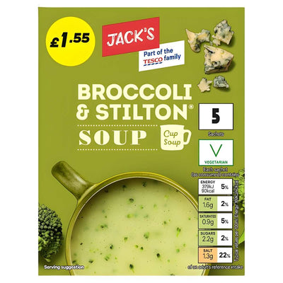 Jack's Broccoli and Stilton Cup Soup (120g), 5 sachets per box, £1.55; vegetarian; nutrition info on pack; features soup and broccoli image on front.