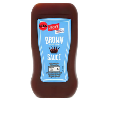 A 450g plastic bottle of Jack's Brown Sauce from Jacks, featuring a blue label and a £1.65 red price sticker—a classic pantry staple with tangy flavour.