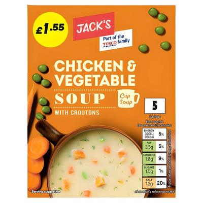 Jack's Chicken & Vegetable Soup with Croutons (5 x 22g, £1.55), shows nutritional info and a bowl of instant soup on the pack front.