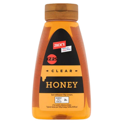 A 340g plastic bottle of Jacks Clear Honey with a red cap, featuring price £2.25 and nutritional info on the label, offers natural sweetness on the front.