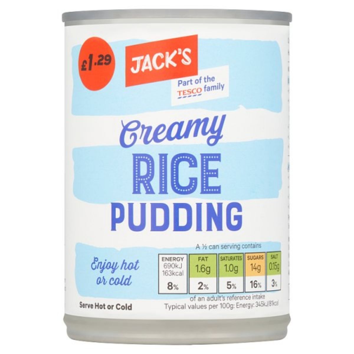 A 400g can of Jack's Creamy Rice Pudding, priced at £1.29, includes nutrition information on the label and can be enjoyed hot or cold. Part of the Tesco family.